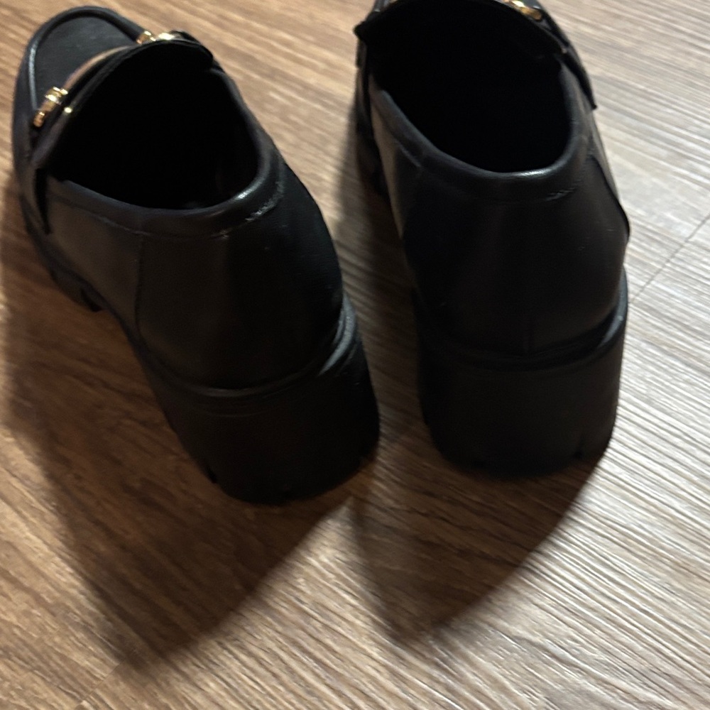 Women’s Black Loafers with Gold Buckle 6.5 chunky Y2K heel schoolgirl - Picture 3 of 5